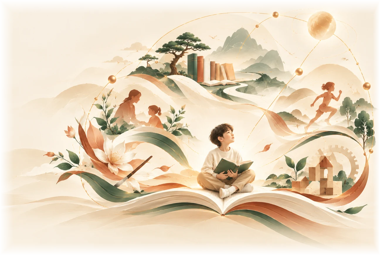 插画：书卷流光，童心向远方 —— 孩子坐在翻开的书卷上阅读，四周环绕师长、奔跑、画笔、积木等五育成长意象